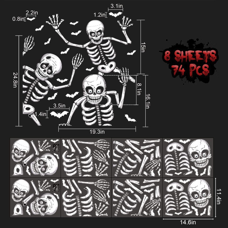 CESOF 74Pcs Halloween Window Clings Decorations  8 Sheets 6 Giant Skeleton Window Stickers  Scary White Skull Window Silhouettes Decal For Indoor Bathroom Glass Door Decor Home Haunted House Party Supplies - Image 3