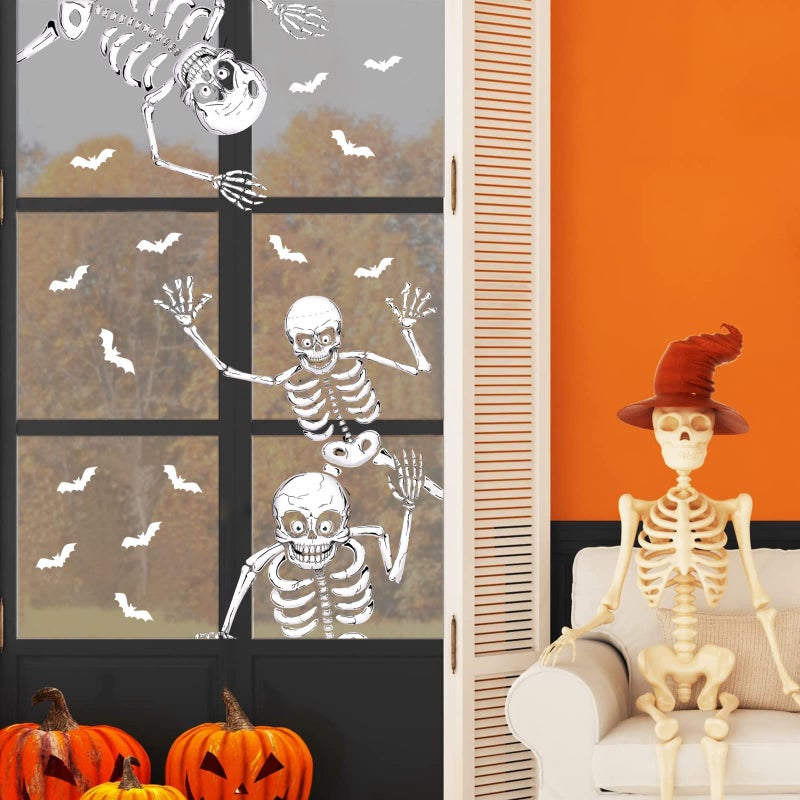 CESOF 74Pcs Halloween Window Clings Decorations  8 Sheets 6 Giant Skeleton Window Stickers  Scary White Skull Window Silhouettes Decal For Indoor Bathroom Glass Door Decor Home Haunted House Party Supplies - Image 4