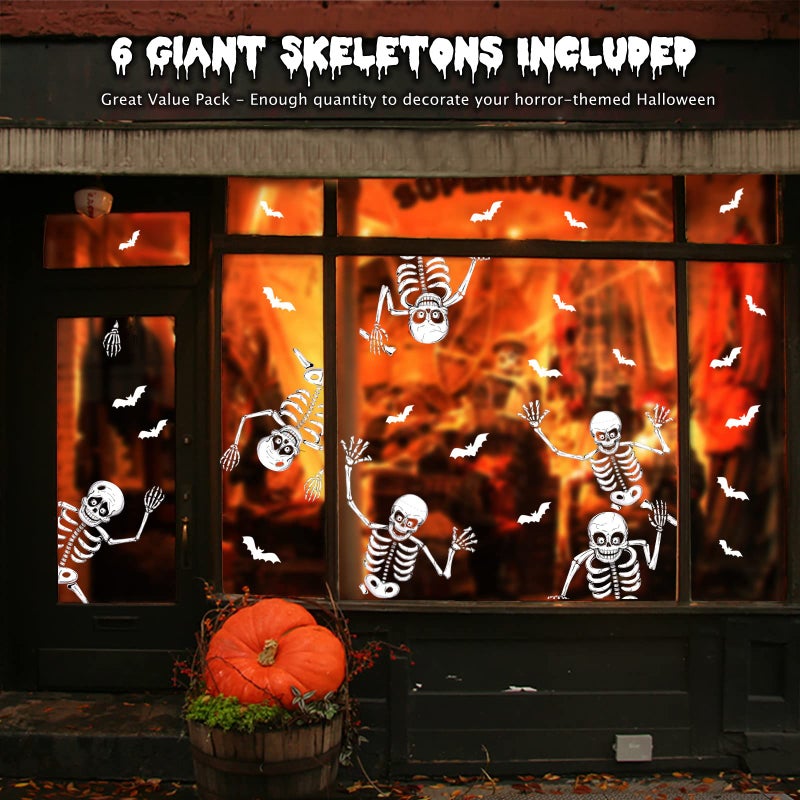 CESOF 74Pcs Halloween Window Clings Decorations  8 Sheets 6 Giant Skeleton Window Stickers  Scary White Skull Window Silhouettes Decal For Indoor Bathroom Glass Door Decor Home Haunted House Party Supplies - Image 2