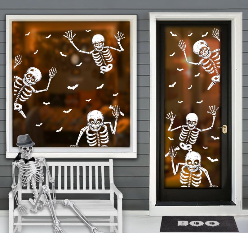 CESOF 74Pcs Halloween Window Clings Decorations  8 Sheets 6 Giant Skeleton Window Stickers  Scary White Skull Window Silhouettes Decal For Indoor Bathroom Glass Door Decor Home Haunted House Party Supplies - Image 1