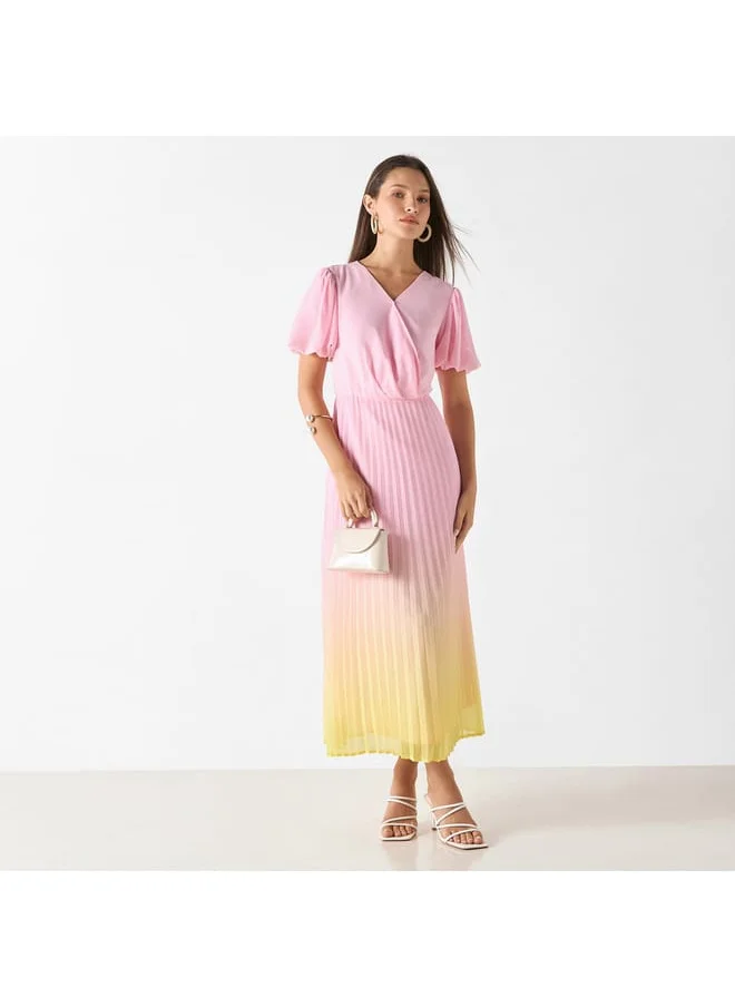 Iconic Iconic Ombre V-neck Dress with Balloon Sleeves and Pleat Detail