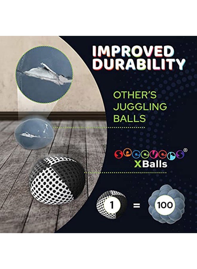 Speevers Xballs Juggling Balls Professional Set of 3 Fresh Design - 10 Beautiful Colors Available - 2 Layers of Net Carry Case - Choice of The World Champions! (Black - White, 120g) - Image 3