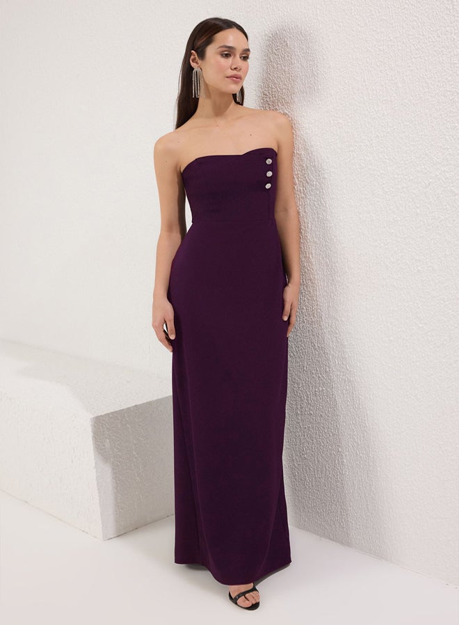 trendyol Plum Strapless Stone Accessory Detailed Woven Long Elegant Evening Night Graduation Dress - Image 2