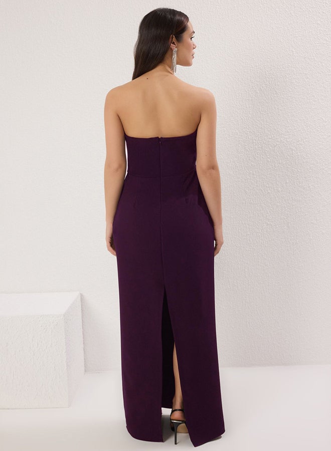 trendyol Plum Strapless Stone Accessory Detailed Woven Long Elegant Evening Night Graduation Dress - Image 4