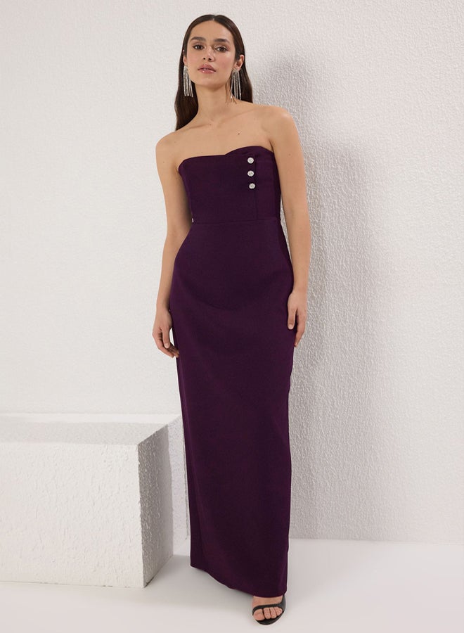 trendyol Plum Strapless Stone Accessory Detailed Woven Long Elegant Evening Night Graduation Dress - Image 1