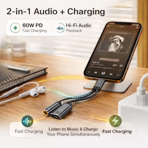 Mizi [2025 Upgraded USB-C to 3.5mm Headphone & Charger Adapter – 2-in-1 Type-C Audio Dongle with Hi-Res DAC & Fast Charging – Compatible with iPhone 16/15, Galaxy S25/S24, Pixel, iPad - Grey - Image 2
