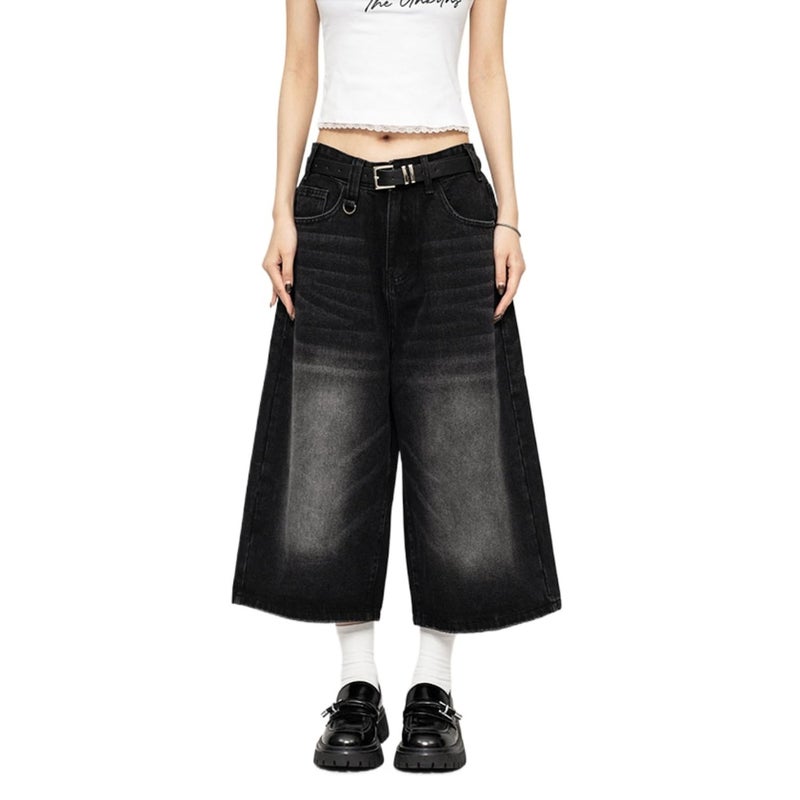 POHADON Women Y2k Baggy Jorts Vintage Wide Leg Long Jean Shorts Loose Fit Capri Denim Shorts Trendy Grunge Vintage Streetwear Dark GrayS