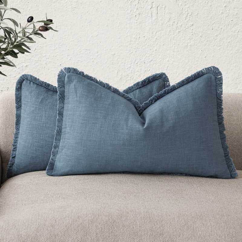 Foindtower Set of 2 Decorative Linen Fringe Lumbar Throw Pillow Covers Boho Farmhouse Cushion Cover with Tassels Soft Accent Pillowcase for Couch Sofa Bed Living Room Home Decor,12×20 Inch,Misty Blue - Image 1