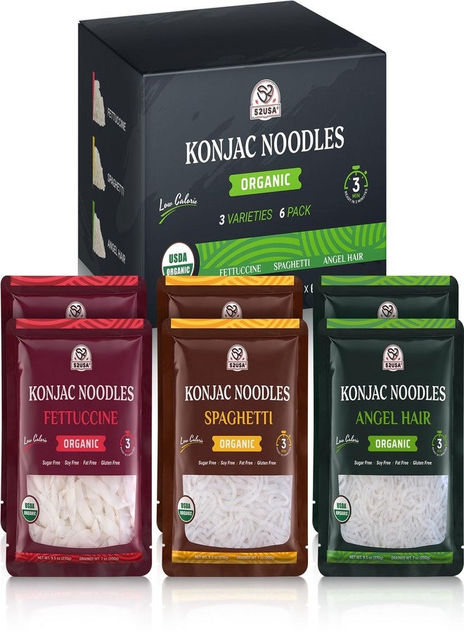 52USA USDA Organic Konjac Shirataki Noodle, Low Carb Pasta 52.8 Oz, 6 Pack 3 Variety-Angel Hair, Fettuccine, Spaghetti Noodles, Keto and Paleo Friendly, Low Calorie, Sugar Free, Vegan, Ready to Eat - Image 1