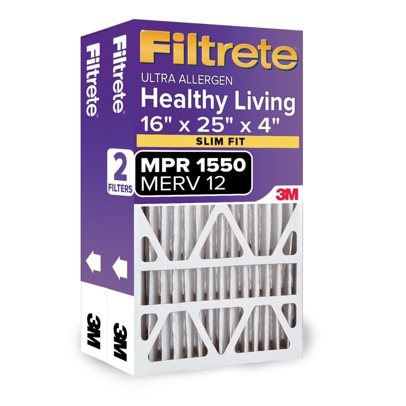 Filtrete 16x25x4SlimFit AC Furnace Air Filter MPR 1550 DP Healthy Living Ultra Allergen Deep Pleat 2Pack Fits Lennox Honeywell Devices exact dimensions 155 x 245 x 375