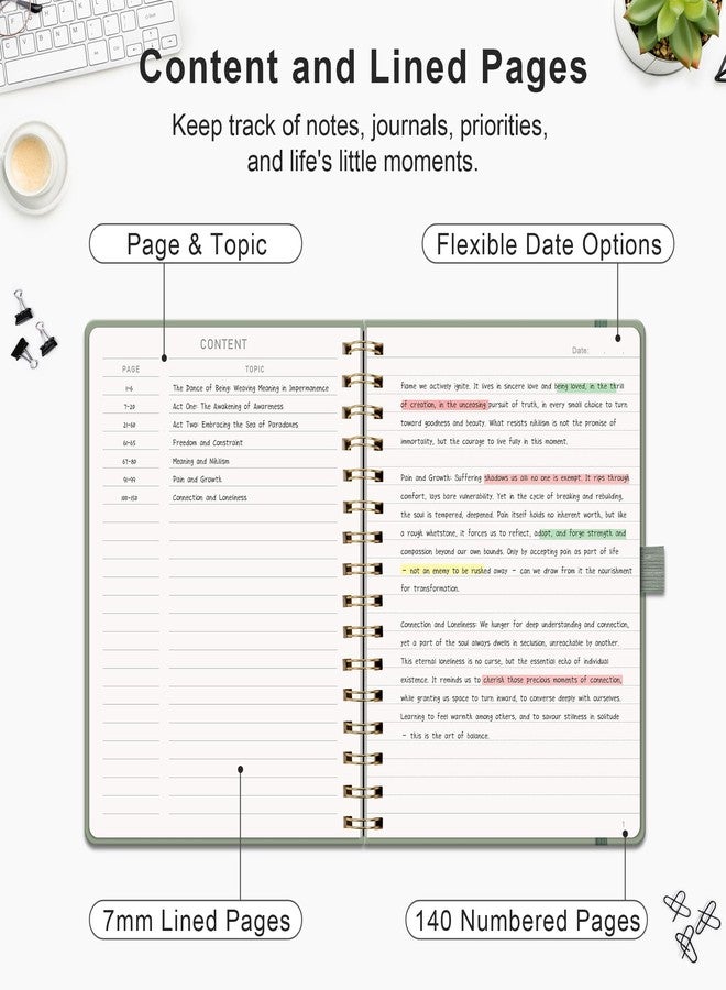 RETTACY Spiral Journal Notebook, 140 Numbered Lined Pages, A5 Medium Size (5.7'' x 8.3''), for Men & Women, Journaling, Writing, Work & Office, Hardcover, 100 GSM Thick Paper (Light Green) - Image 2