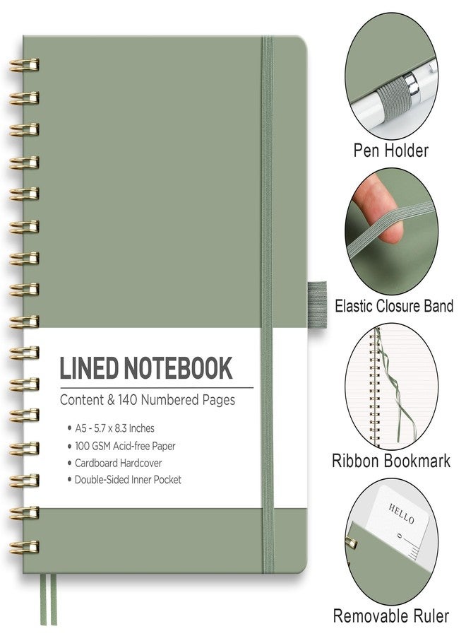 RETTACY Spiral Journal Notebook, 140 Numbered Lined Pages, A5 Medium Size (5.7'' x 8.3''), for Men & Women, Journaling, Writing, Work & Office, Hardcover, 100 GSM Thick Paper (Light Green) - Image 5