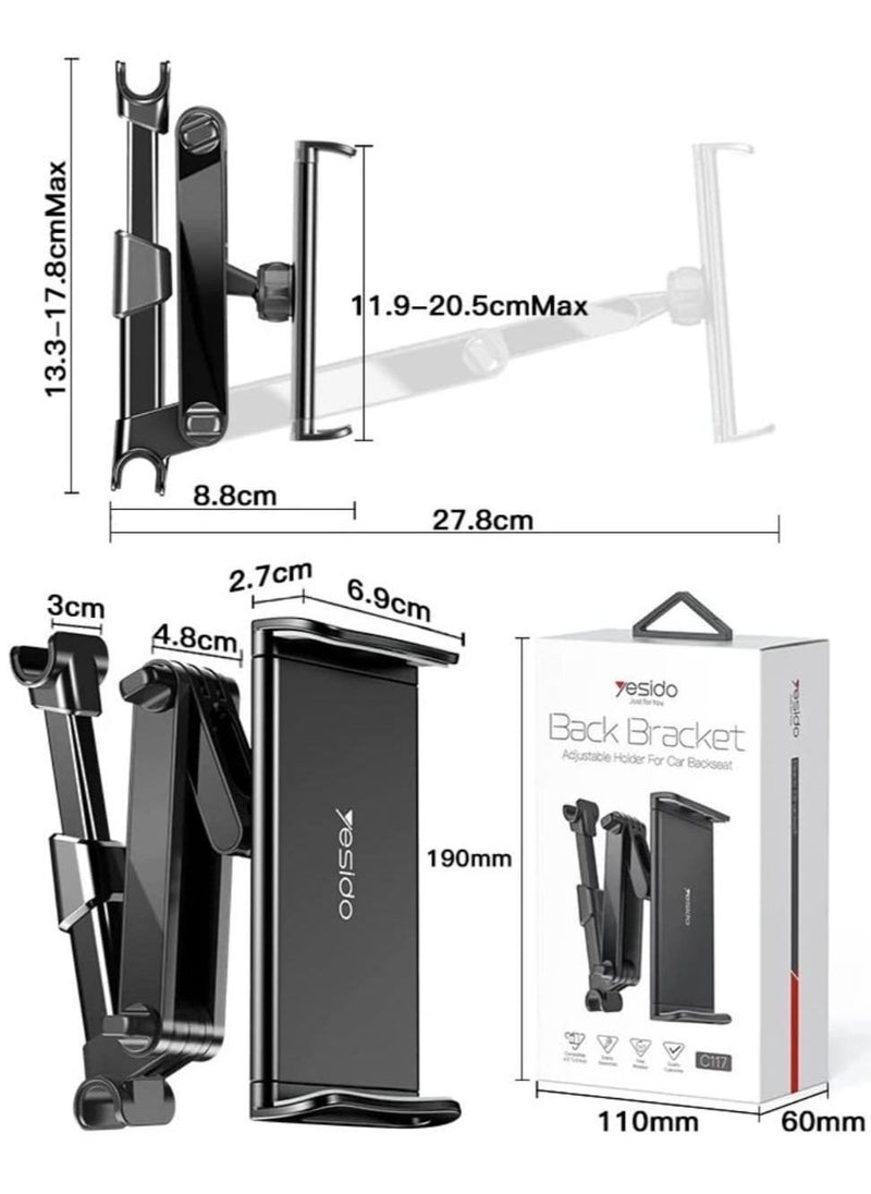 Yesido C117 Car Tablet Headrest Mount Tablet Holder For Car Seat 360 Degree Rotation Compatible With 4.7Inch To 12.9 Inch, Compatible With Tablets/Iphone 13/Ipads/Smartphones - Image 1