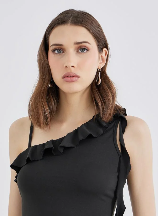 Take Two Solid Ruffled Detail Asymmetrical Neck Top