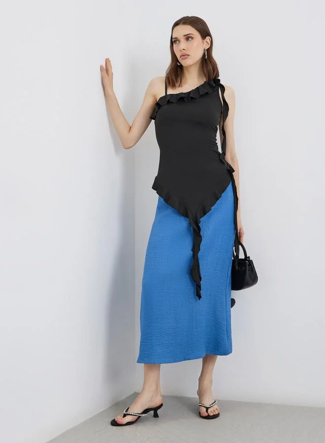 Take Two Solid Ruffled Detail Asymmetrical Neck Top