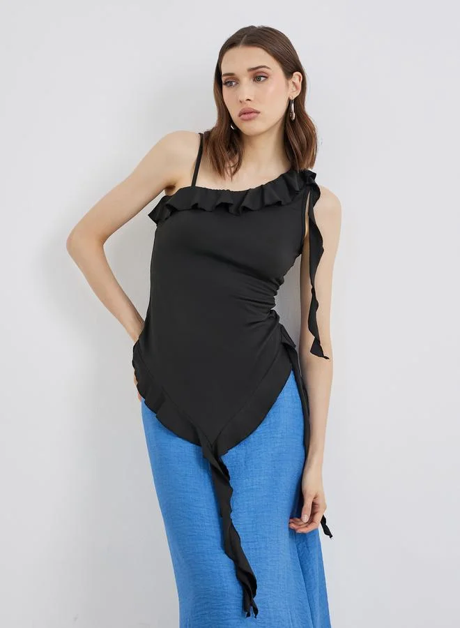 Take Two Solid Ruffled Detail Asymmetrical Neck Top