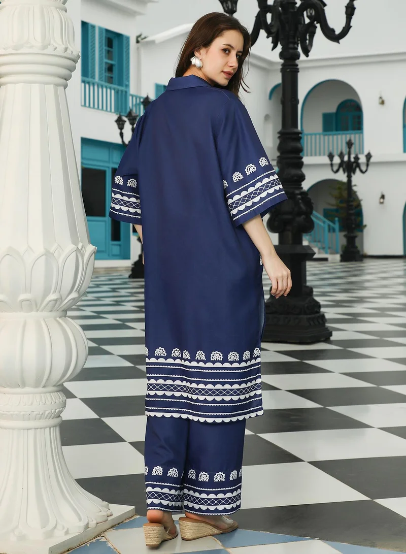 QISSA Women's Indigo Blue Indie Flora Lined-Imprint Kurta Set For Ethnic Wear | Spread Collar Quarter Sleeve | Floral Placement Print Plain Fabric | 2 Piece Kurta Set Designed For Casual & Daily Wear