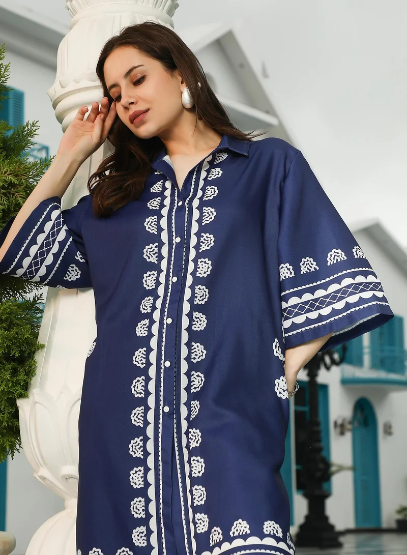 QISSA Women's Indigo Blue Indie Flora Lined-Imprint Kurta Set For Ethnic Wear | Spread Collar Quarter Sleeve | Floral Placement Print Plain Fabric | 2 Piece Kurta Set Designed For Casual & Daily Wear