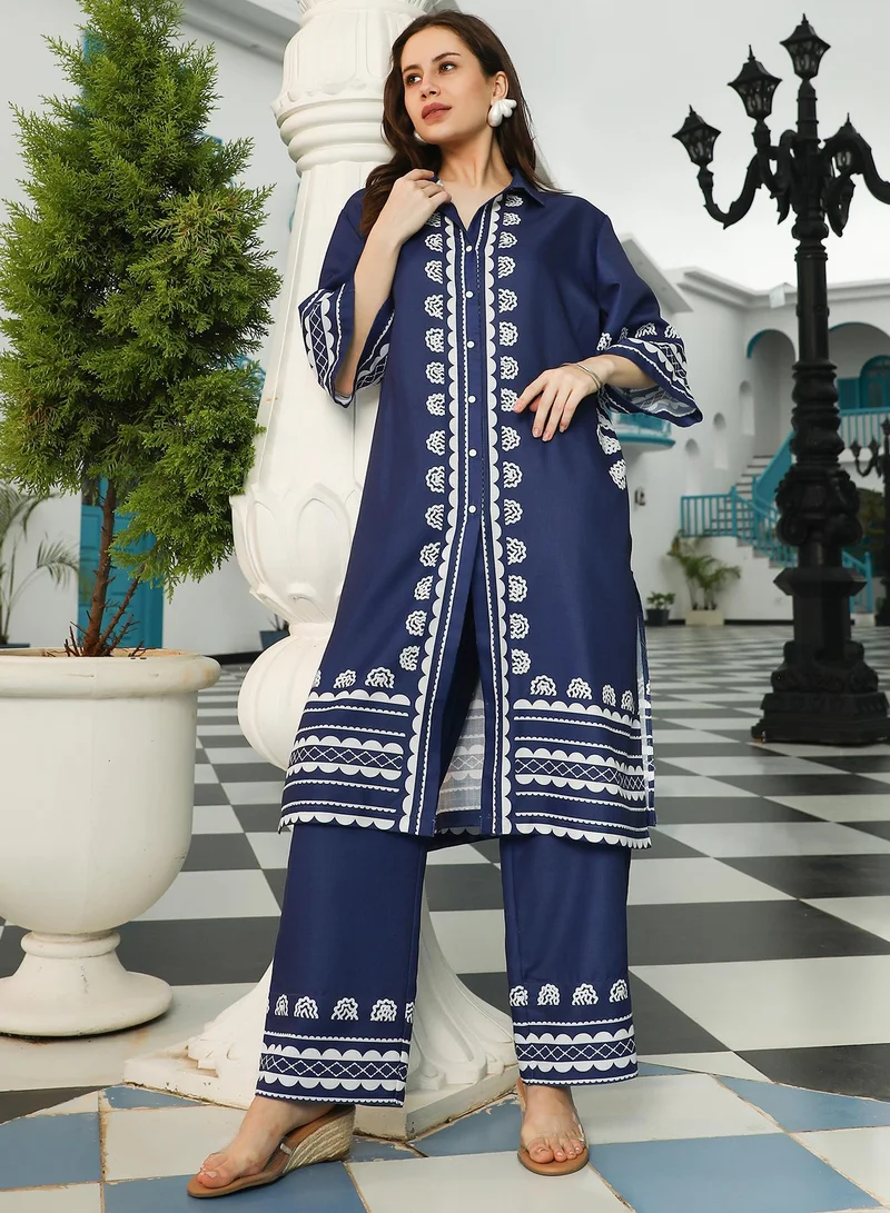 QISSA Women's Indigo Blue Indie Flora Lined-Imprint Kurta Set For Ethnic Wear | Spread Collar Quarter Sleeve | Floral Placement Print Plain Fabric | 2 Piece Kurta Set Designed For Casual & Daily Wear