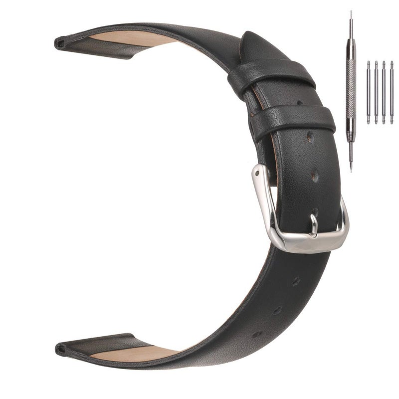 EACHE 18mm Leather Watch Bands Black Classical Ultrathin Leather Watch Straps for Women Men Black Color with Silver Buckle - Image 1