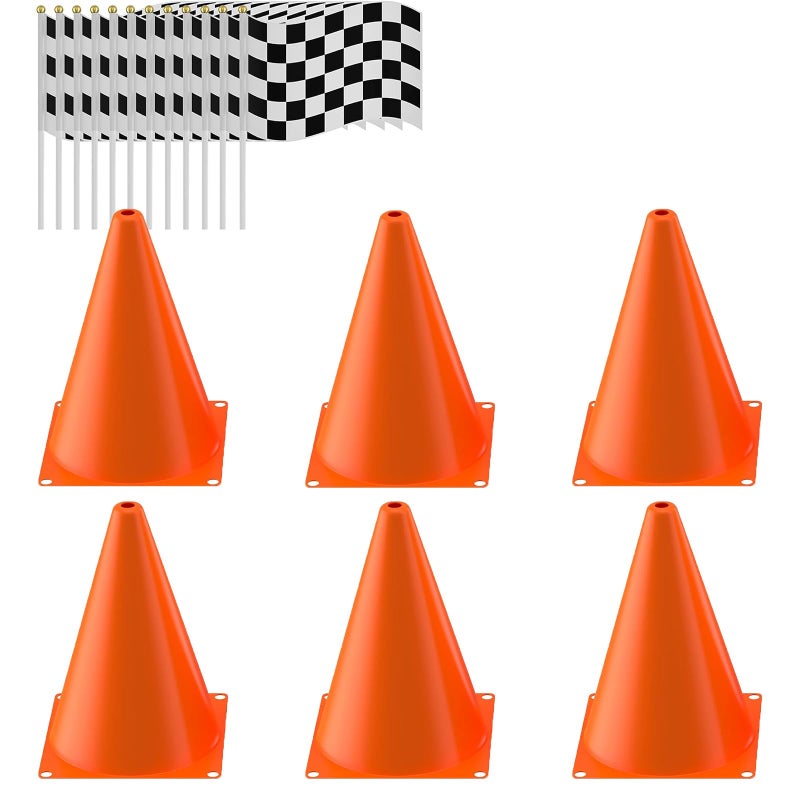 RECER Traffic Cones with Racing Checkered Flags-6 Traffic Cones With Hole on Top, 12 Checkered Flags, Race Car Birthday Party Supplies, Table Centerpiece Decorations, Kids Gift (18PCS) - Image 1