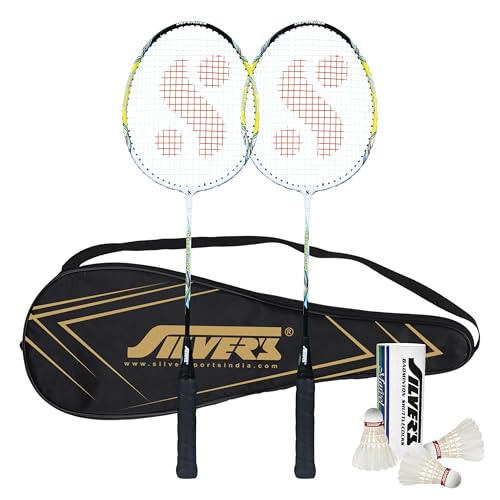 Silvers Silver's Aluminium Defender Badminton Kit (2 Racquets with Full Cover, 1 Box Feather Shuttlecock Pack of 3)(Green/White) - Image 1