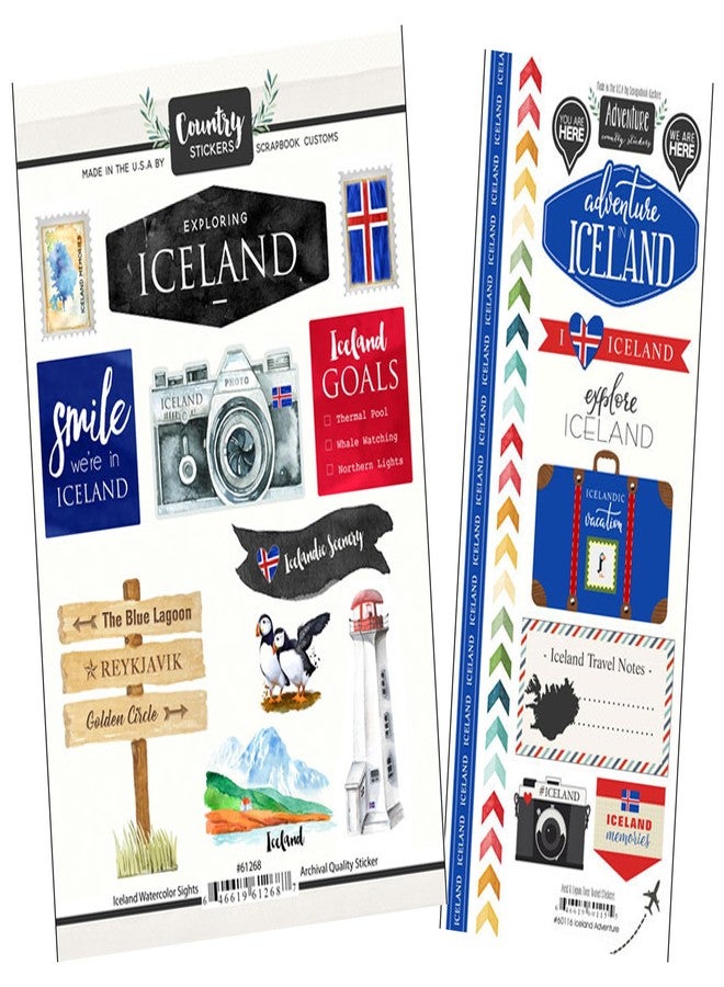 Trendzeen Iceland Sticker - Decorative Iceland Stickers for Scrapbooking, Photo Albums, Travel Journal, Planner, Crafts - Iceland Scrapbook Stickers with Camera, Flag, Icelandic Vacation Theme - Set of 2 Items - Image 1