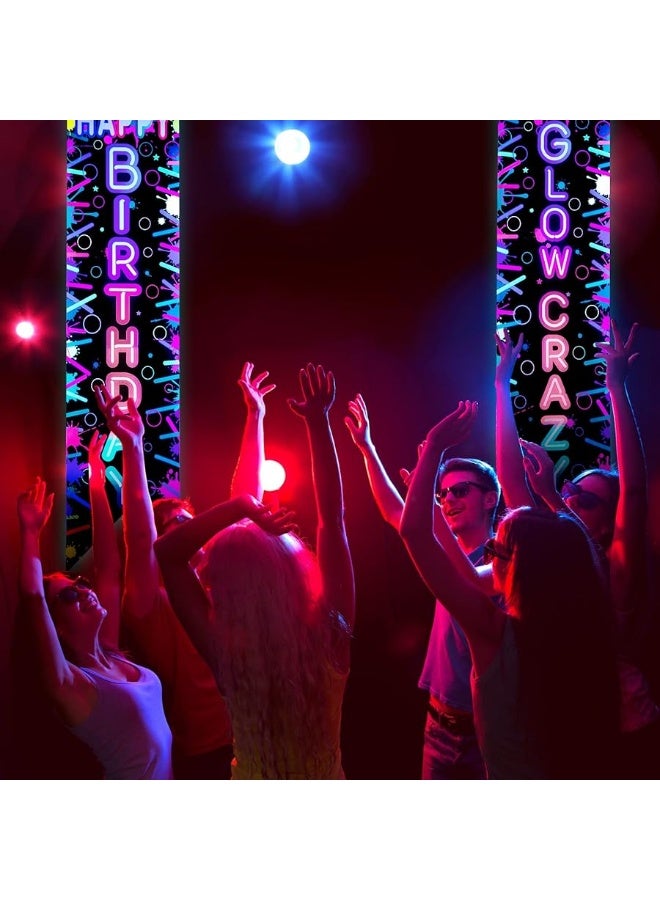 Tegeme Glow in the Dark Party Supplies Neon Happy Birthday Banner Crazy Porch Sign Glow Party Backdrop for Black Light Neon Themed Birthday Party Decorations  - Image 1