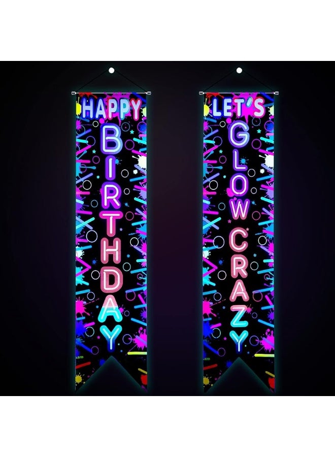 Tegeme Glow in the Dark Party Supplies Neon Happy Birthday Banner Crazy Porch Sign Glow Party Backdrop for Black Light Neon Themed Birthday Party Decorations  - Image 2