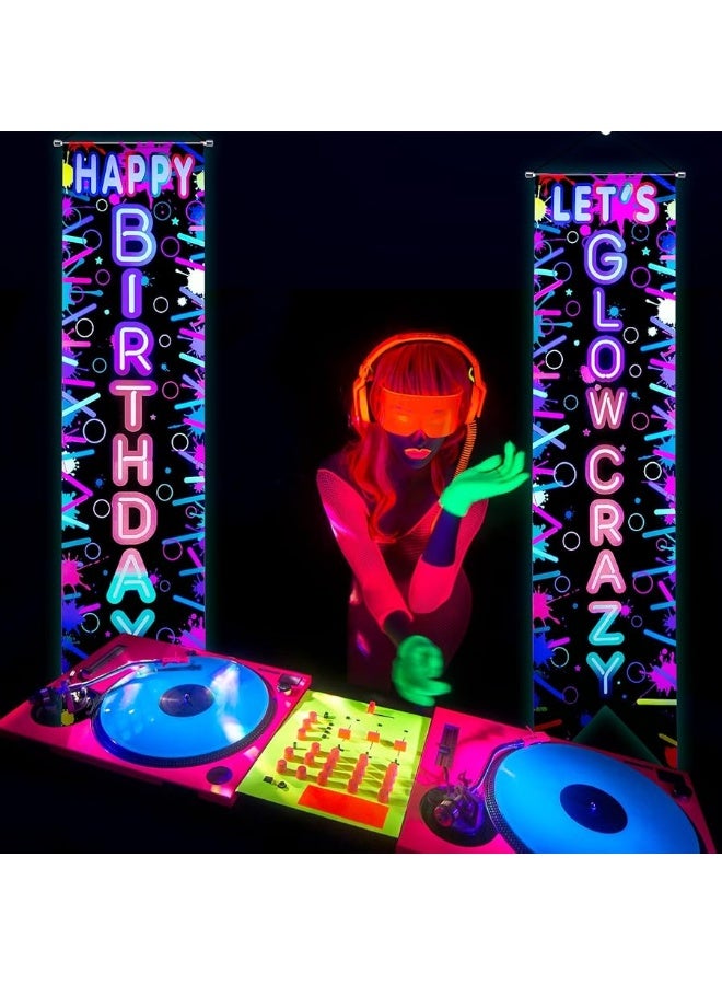Tegeme Glow in the Dark Party Supplies Neon Happy Birthday Banner Crazy Porch Sign Glow Party Backdrop for Black Light Neon Themed Birthday Party Decorations  - Image 3