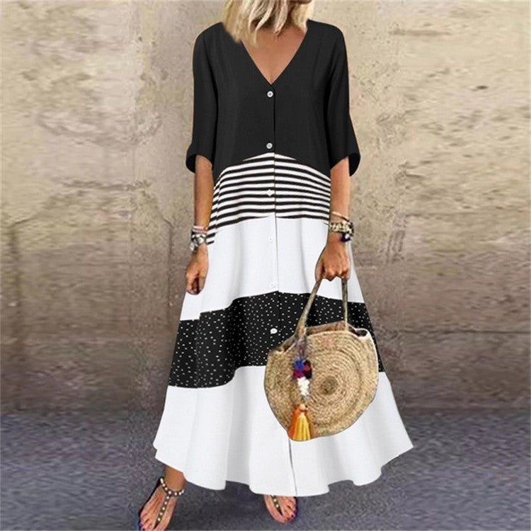 V Neck Short Sleeve Printed Long Dress Button Casual Dress - Image 4