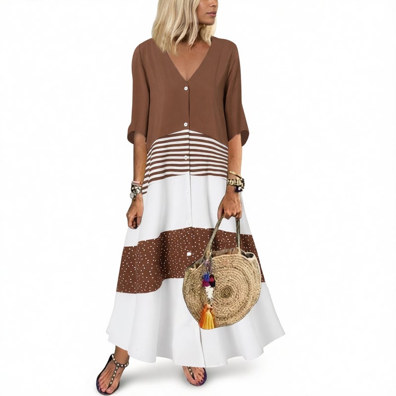 V Neck Short Sleeve Printed Long Dress Button Casual Dress - Image 2