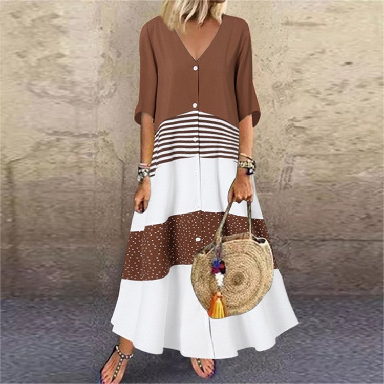 V Neck Short Sleeve Printed Long Dress Button Casual Dress - Image 3