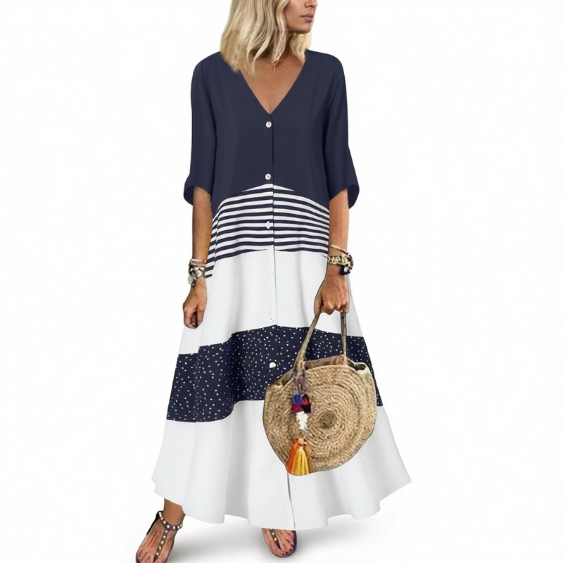 V Neck Short Sleeve Printed Long Dress Button Casual Dress - Image 1