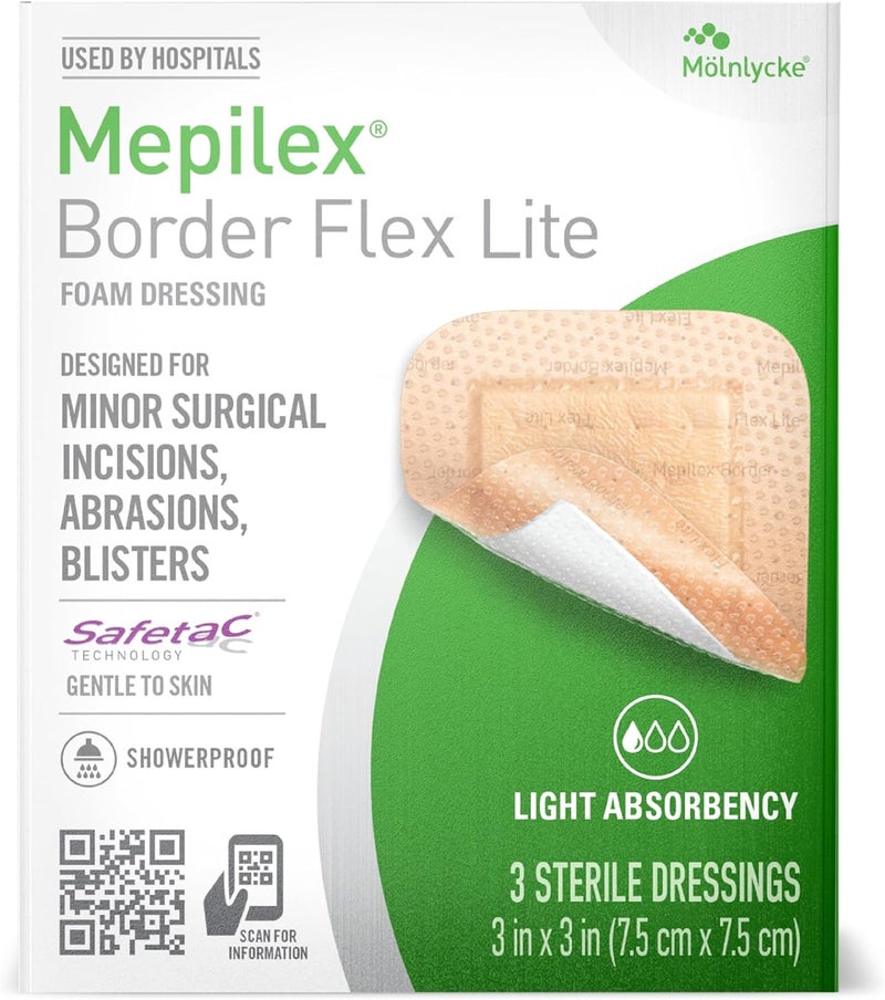 Mepilex ميديبليكس بورد فليكس لايت 3 × 3 بوصة 75 × 75 سم ضمادات طبية من الدرجة الأولى للجروح الجراحية الطفيفة والخدوش والبثور للاستخدام لعدة أيام - Image 1