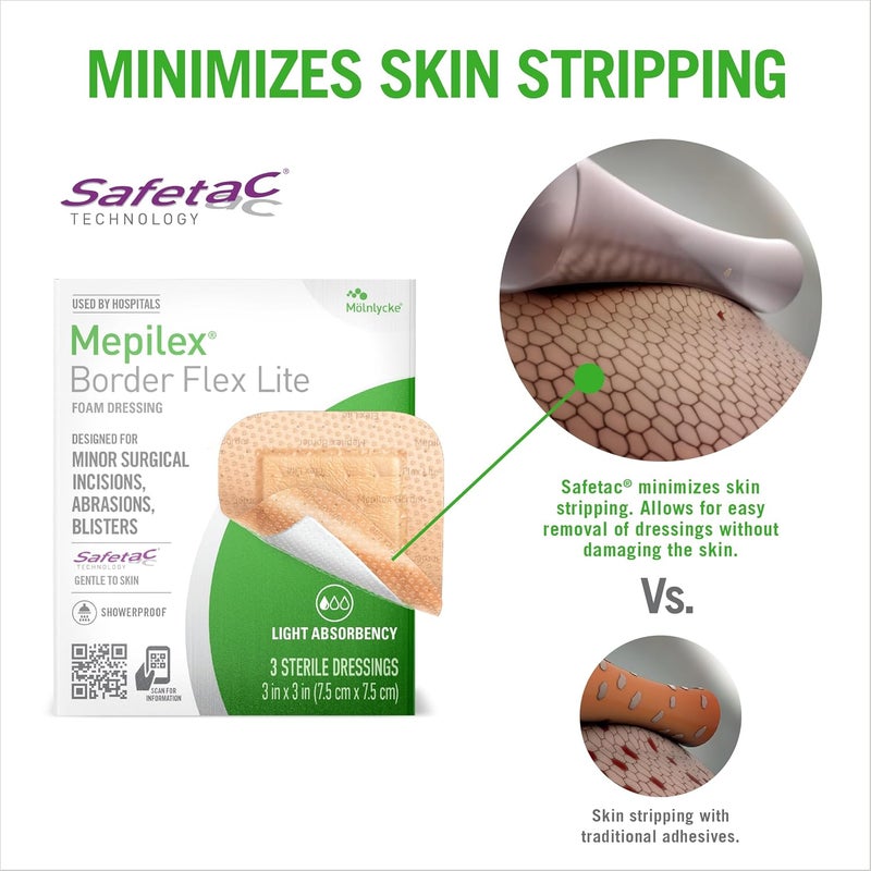 Mepilex ميديبليكس بورد فليكس لايت 3 × 3 بوصة 75 × 75 سم ضمادات طبية من الدرجة الأولى للجروح الجراحية الطفيفة والخدوش والبثور للاستخدام لعدة أيام - Image 4