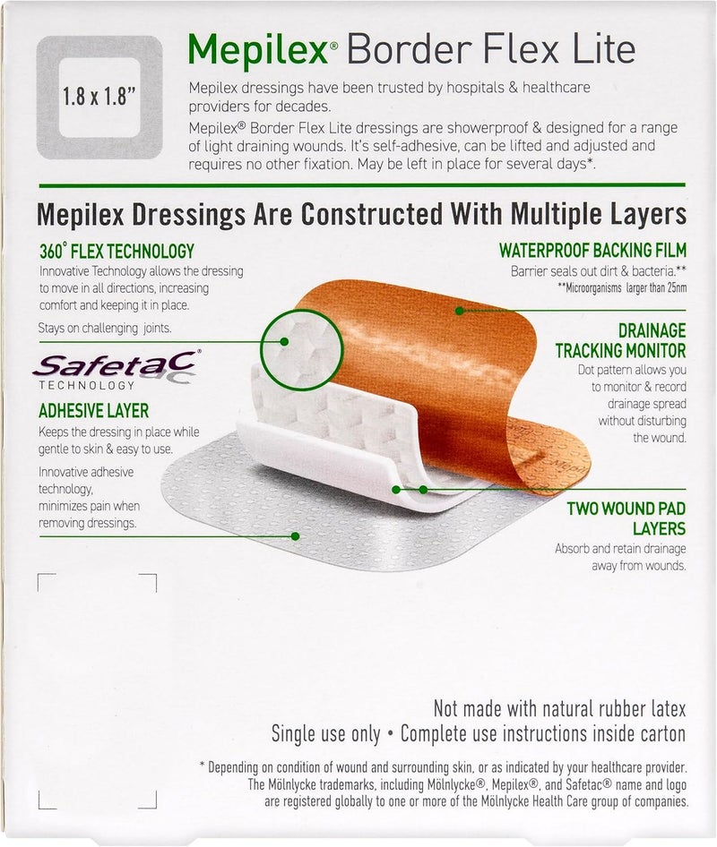 Mepilex ميديبليكس بورد فليكس لايت 3 × 3 بوصة 75 × 75 سم ضمادات طبية من الدرجة الأولى للجروح الجراحية الطفيفة والخدوش والبثور للاستخدام لعدة أيام - Image 2