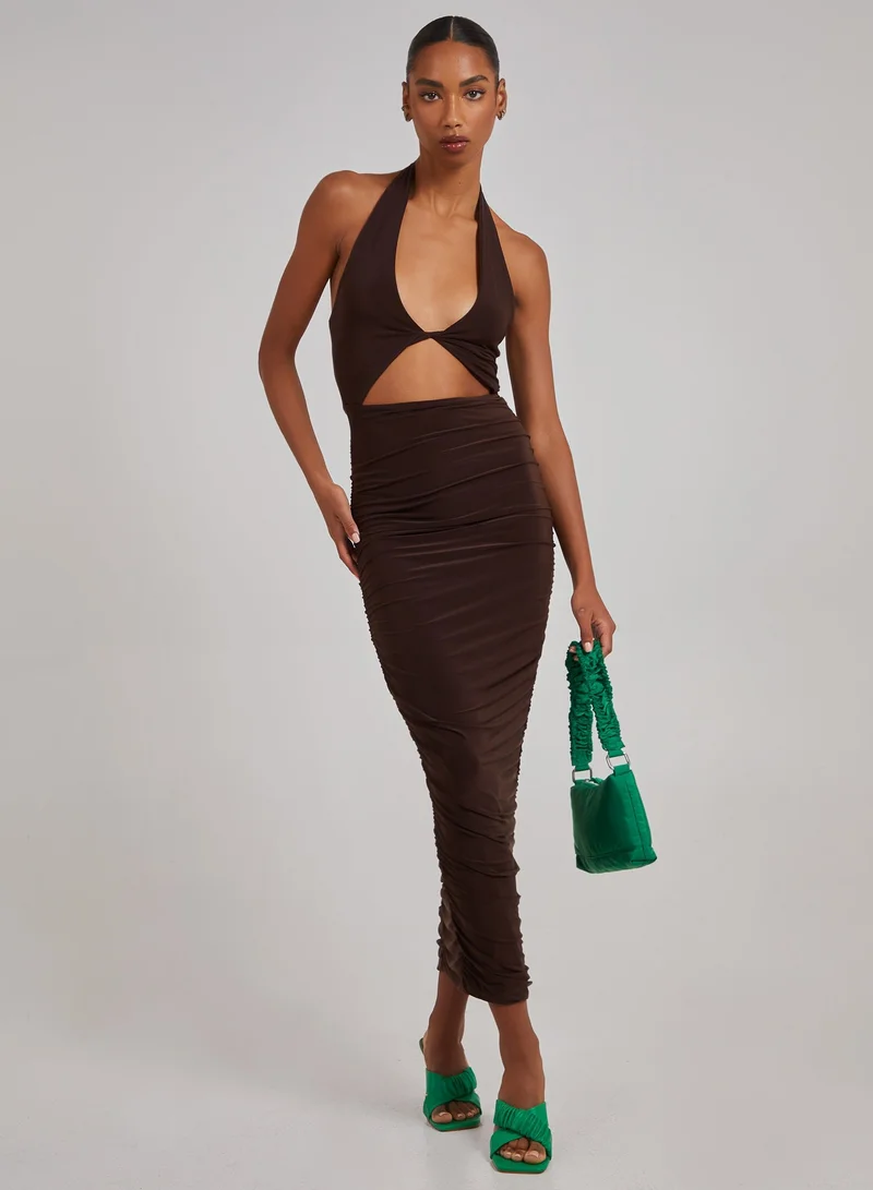 بينك فانيلا فستان ميدي بفتحات وتفاصيل مجمعة