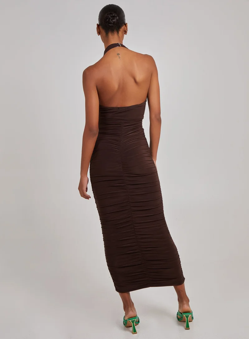 بينك فانيلا فستان ميدي بفتحات وتفاصيل مجمعة