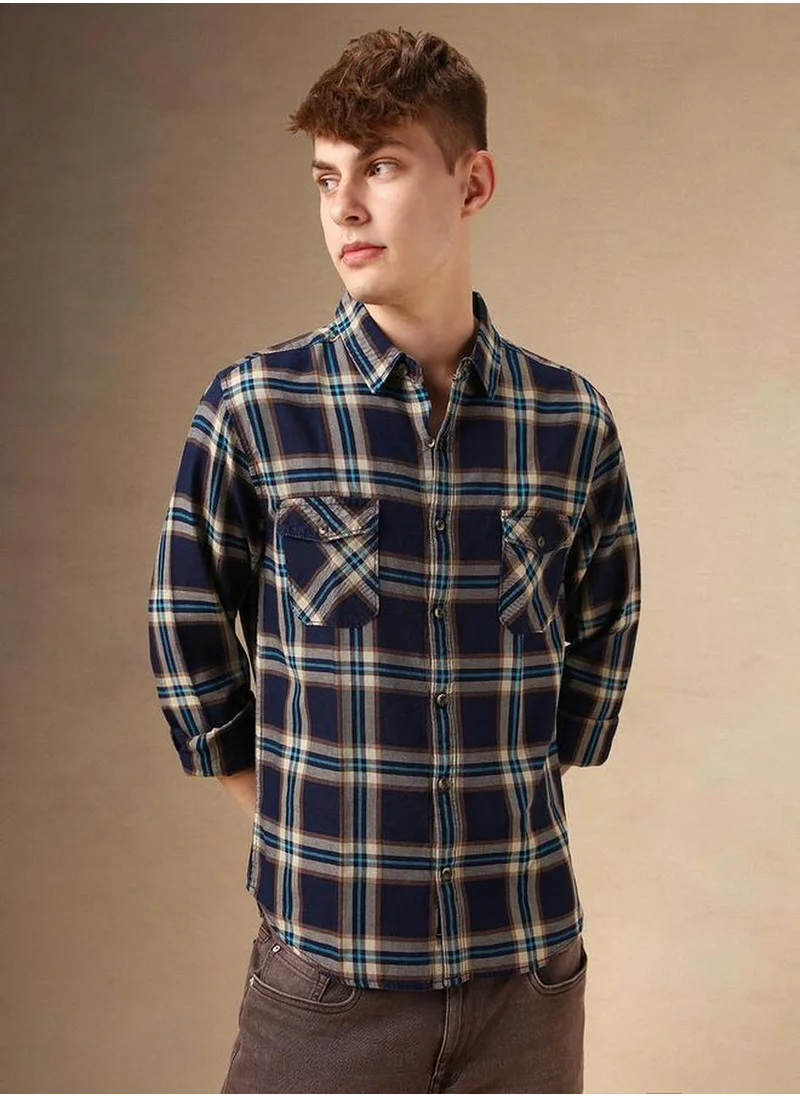 Dennis Lingo Men's Multicoloured 100% Cotton Checkered Button Down Relaxed Fit Shirt