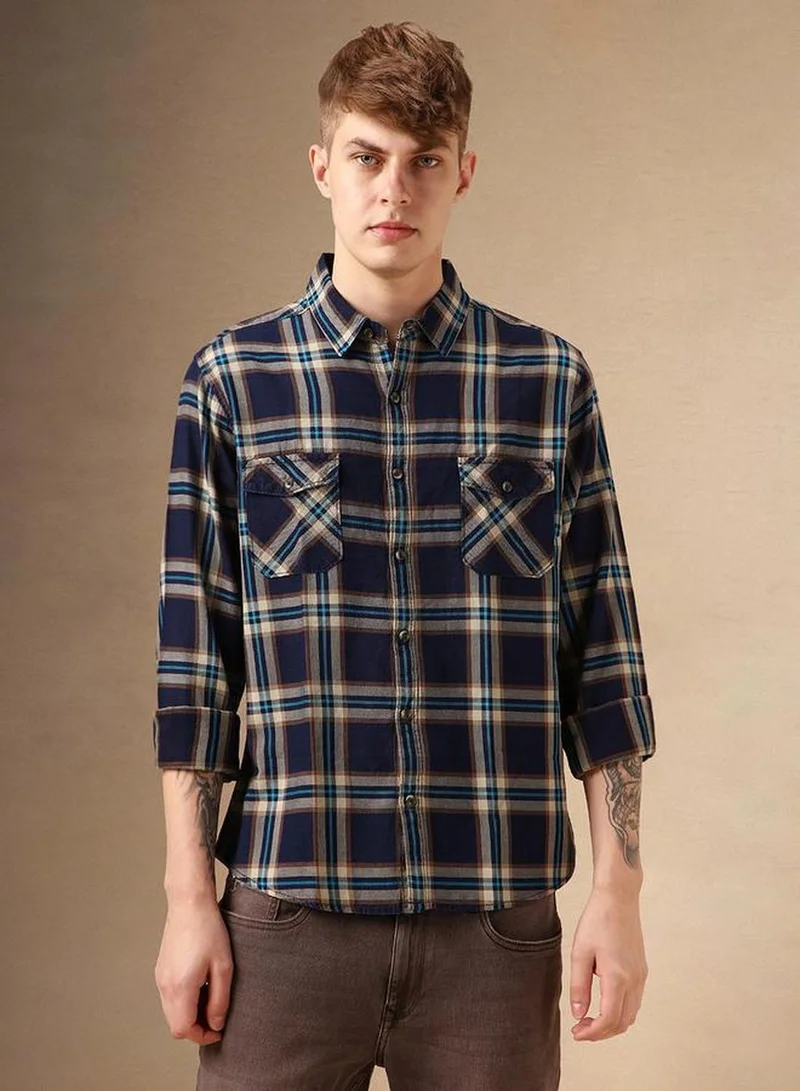 Dennis Lingo Men's Multicoloured 100% Cotton Checkered Button Down Relaxed Fit Shirt