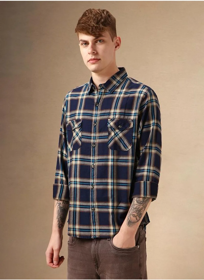 Dennis Lingo Men's Multicoloured 100% Cotton Checkered Button Down Relaxed Fit Shirt