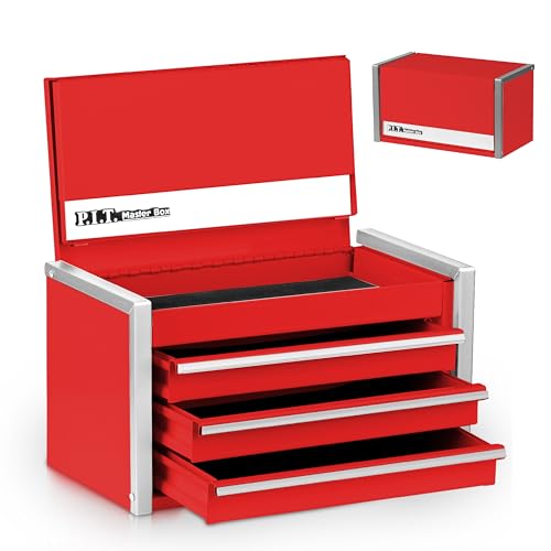 PIT P.I.T. Mini Red Tool Box, Portable 3 Drawer Steel Stackable Tool Box with Magnetic Tab Locking, Red Micro Top Chest with Liner for Tools Storage and Organizers, Home DIY - Image 1