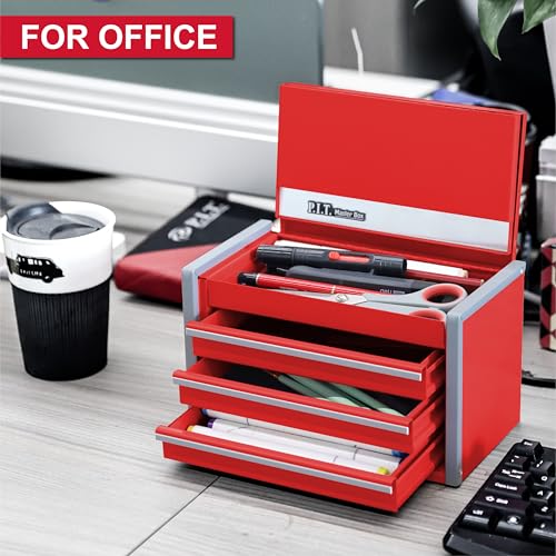 PIT P.I.T. Mini Red Tool Box, Portable 3 Drawer Steel Stackable Tool Box with Magnetic Tab Locking, Red Micro Top Chest with Liner for Tools Storage and Organizers, Home DIY - Image 3