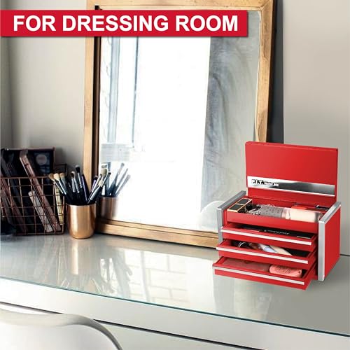 PIT P.I.T. Mini Red Tool Box, Portable 3 Drawer Steel Stackable Tool Box with Magnetic Tab Locking, Red Micro Top Chest with Liner for Tools Storage and Organizers, Home DIY - Image 4