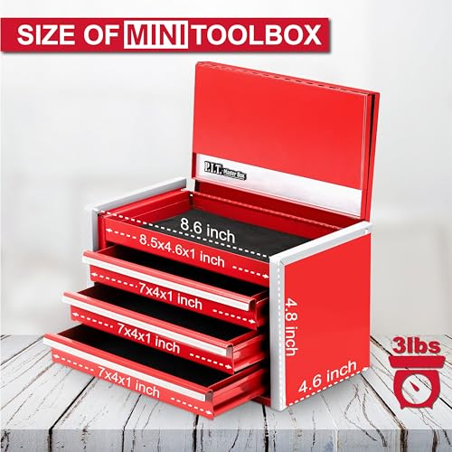 PIT P.I.T. Mini Red Tool Box, Portable 3 Drawer Steel Stackable Tool Box with Magnetic Tab Locking, Red Micro Top Chest with Liner for Tools Storage and Organizers, Home DIY - Image 2