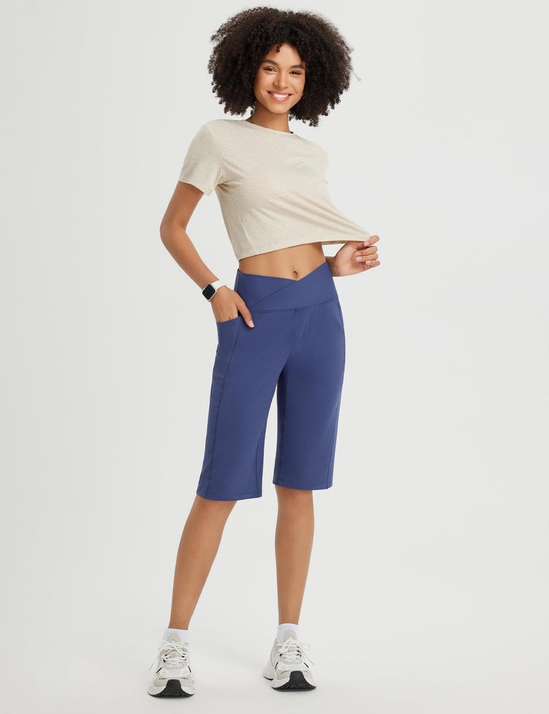 baleaf Women's Bermuda Long Shorts Knee Length Capri Pants High Waisted Yoga Cropped Pants with Pockets Business Casual Work Navy Blue L - Image 3