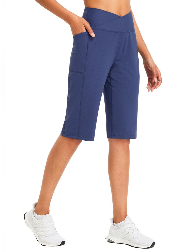 baleaf Women's Bermuda Long Shorts Knee Length Capri Pants High Waisted Yoga Cropped Pants with Pockets Business Casual Work Navy Blue L - Image 1