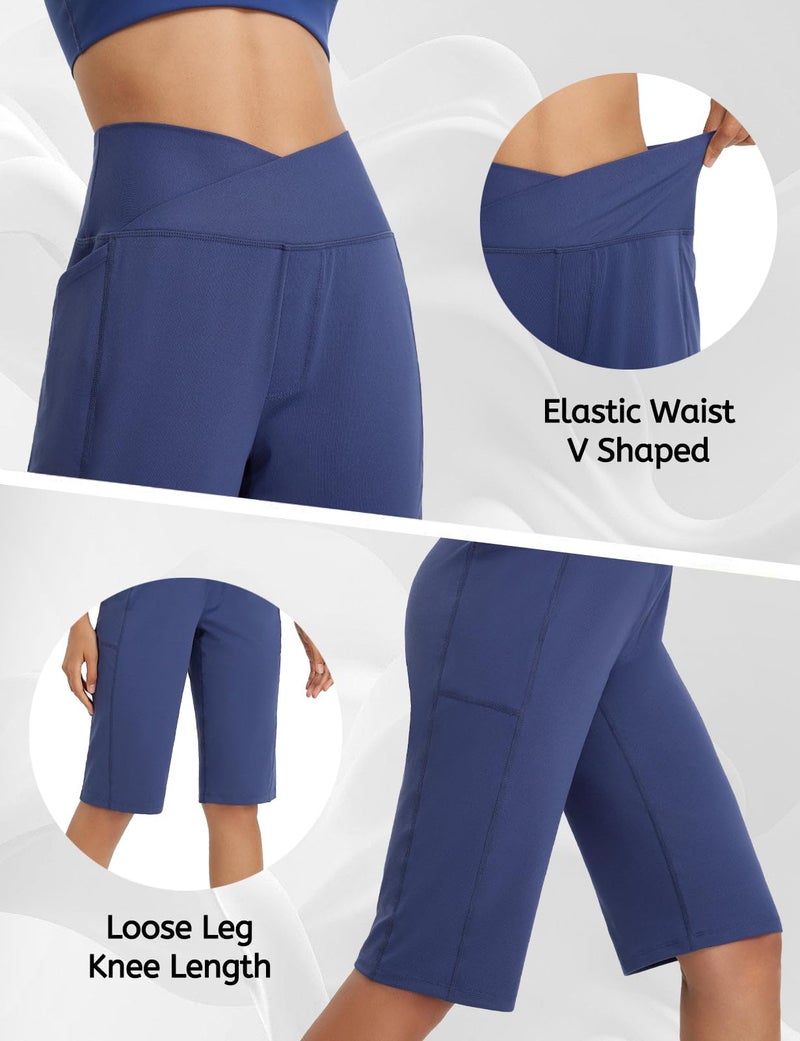 baleaf Women's Bermuda Long Shorts Knee Length Capri Pants High Waisted Yoga Cropped Pants with Pockets Business Casual Work Navy Blue L - Image 5