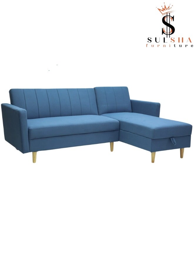 SULSHA - Sulsha New High Quality L Shape Corner Sofa Blue Color, Lounge Area Sofa, Sofa Bed With Chaise Fabric With Wooden Legs - Image 1
